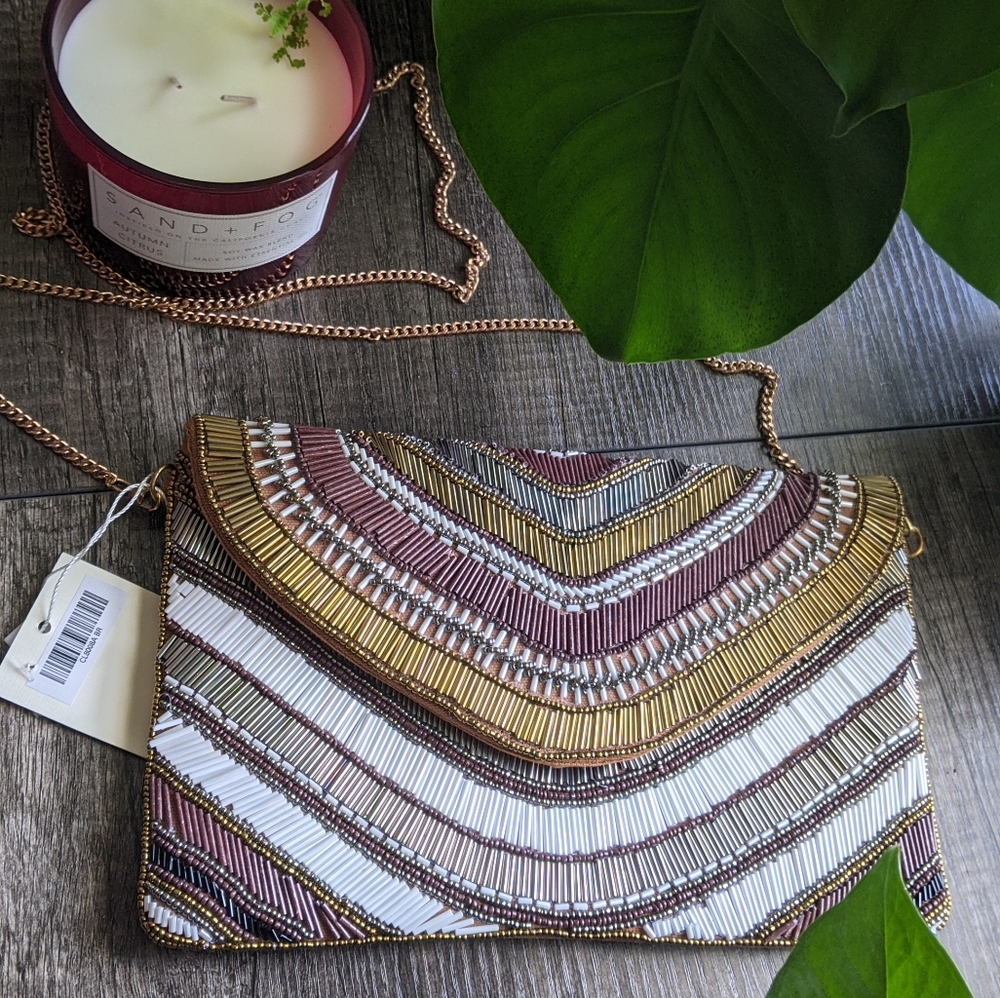 NWT Beaded Envelope Clutch with Gold Chain